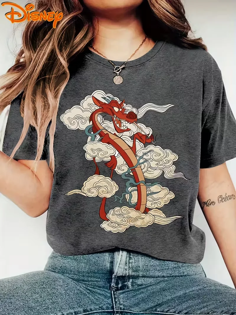 

MINISO Disney Mulan Mushu Dragon T-Shirt Vintage Women Men Tee Short Sleeve O-Neck Casual Oversized Streetwear Clothing