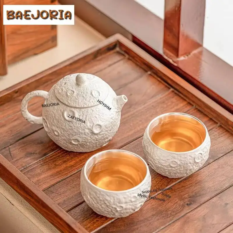 Wandering Planet 999 Gilded Silver Travel Tea Set Kit Creative 1 Pot 2 Cups Tea Maker Travel Tea Set Portable Camping Tote Bag