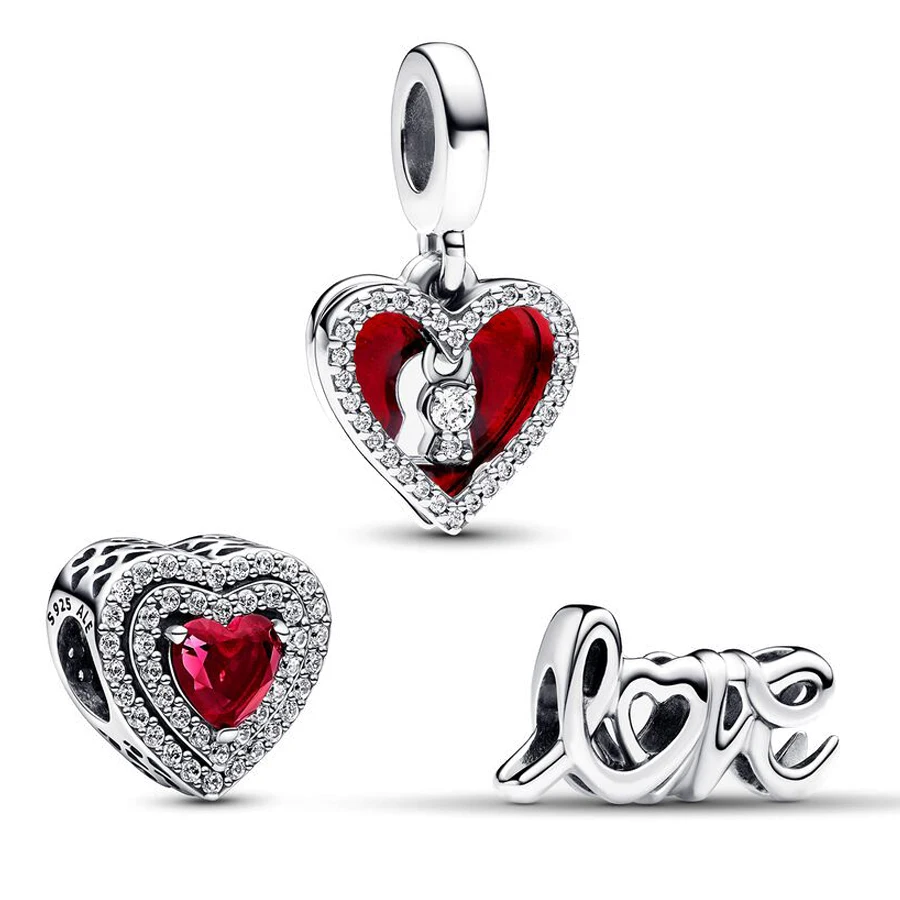 2025 New Love Padlock & Sparkling Red Heart Dangle Charm Trio Fit Original Pan Bracelet Women Necklace Pendant DIY Jewelry Gift