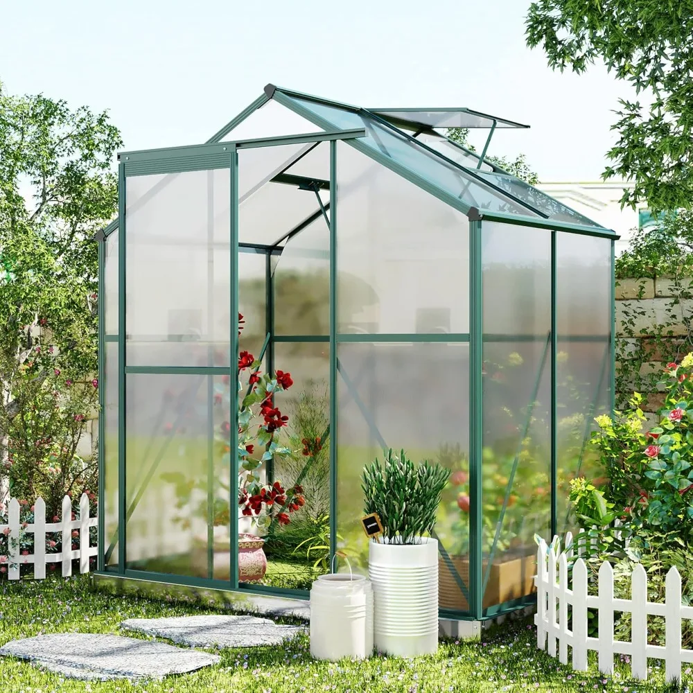 

6.2ft x4.3ft Outdoor Greenhouse，Upgraded Walk-in Polycarbonate Greenhouse with 2 Windows/Base/Sliding Door，Aluminum Greenhouse