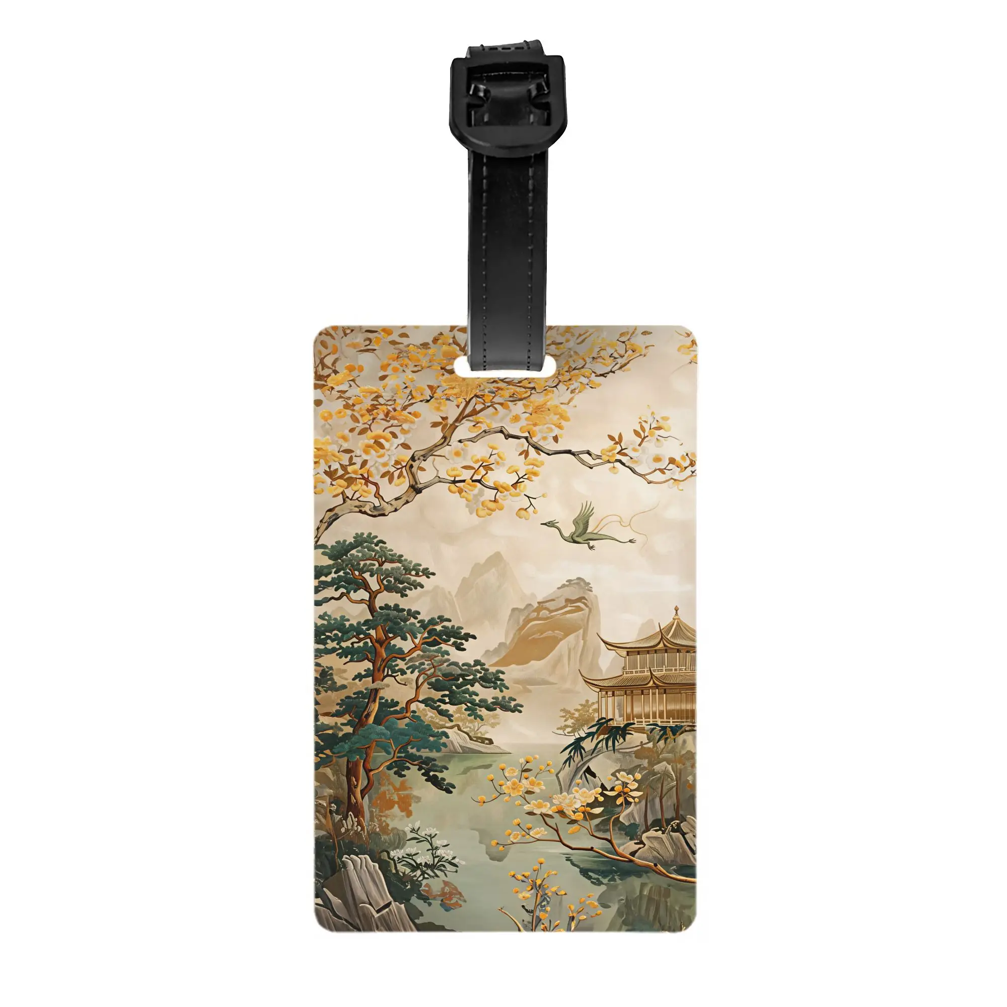 Chinese Golden Autumn Dragon Pavilion Mountain Zen Luggage Tag With Name Card  Privacy Cover ID Label for Travel Bag Suitcase