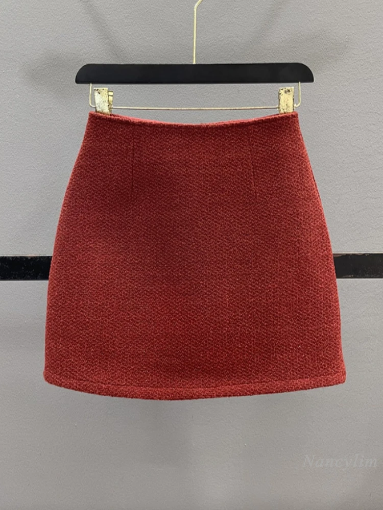 

New Year's Red Woolen Skirt for Women's 2024 Autumn and Winter New Versatile High Waist Slim-fitting A-shaped Hip-wrapped Skirt