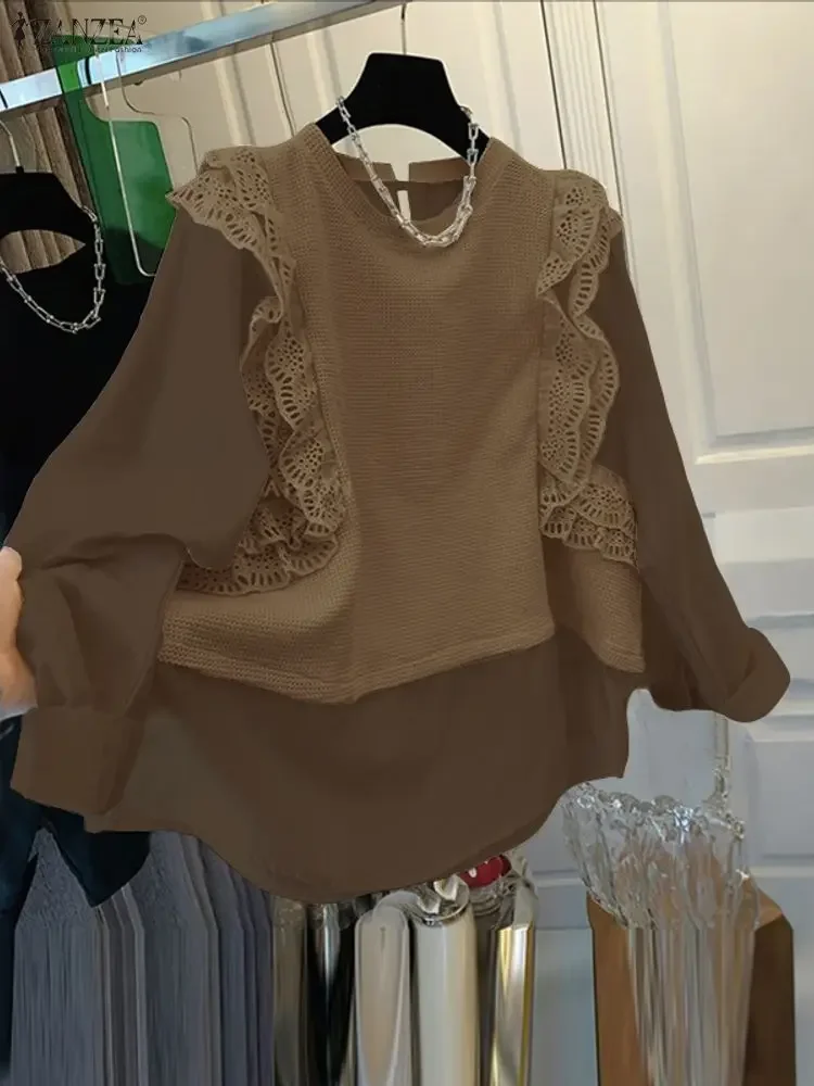 

ZANZEA Long Sleeve Blouse Tops Fashion Women Ruffled Tunic 2025 Elegant Patchwork Blusas Autumn O-Neck Casual Knitted Pullover