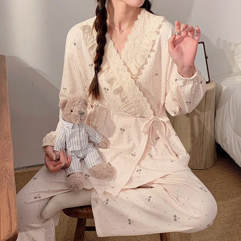 Lace V Neck Loose Maternity Nursing Sleepwear Sets Sweet Cute Cartoon Printed Cotton Pajamas Suits for Pregnant Women Pregnancy