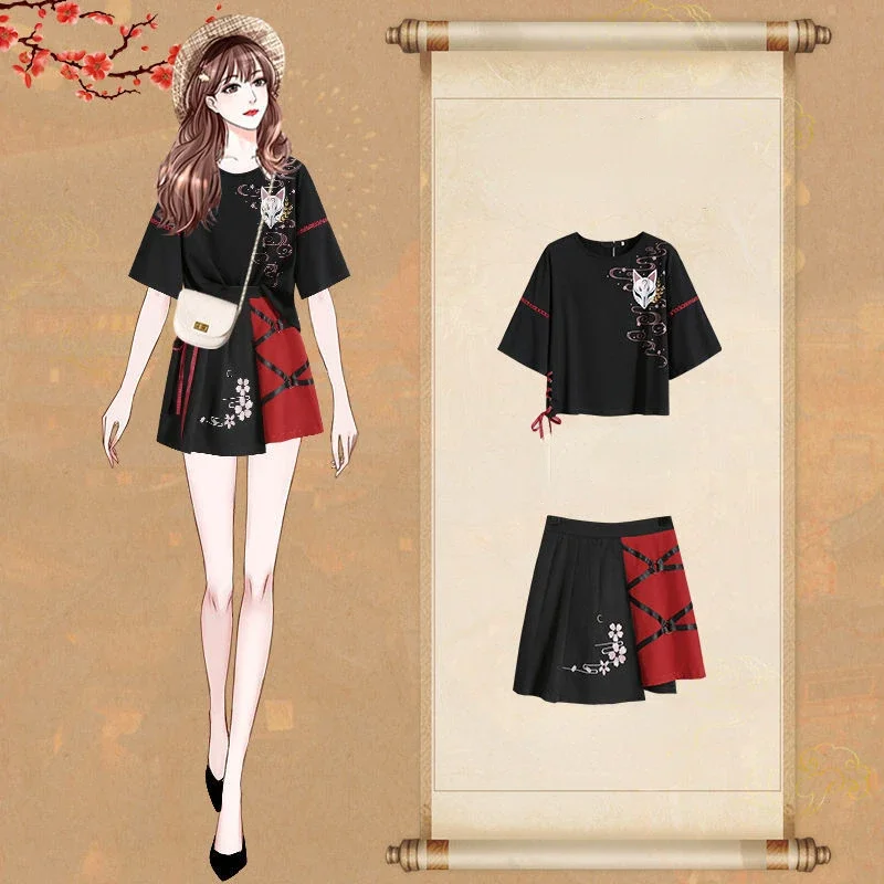 Anime Cosplay ropa de mujer japonés Casual cinta roja chica Lolita camiseta Falda corta conjunto disfraces de Halloween regalo de cumpleaños R