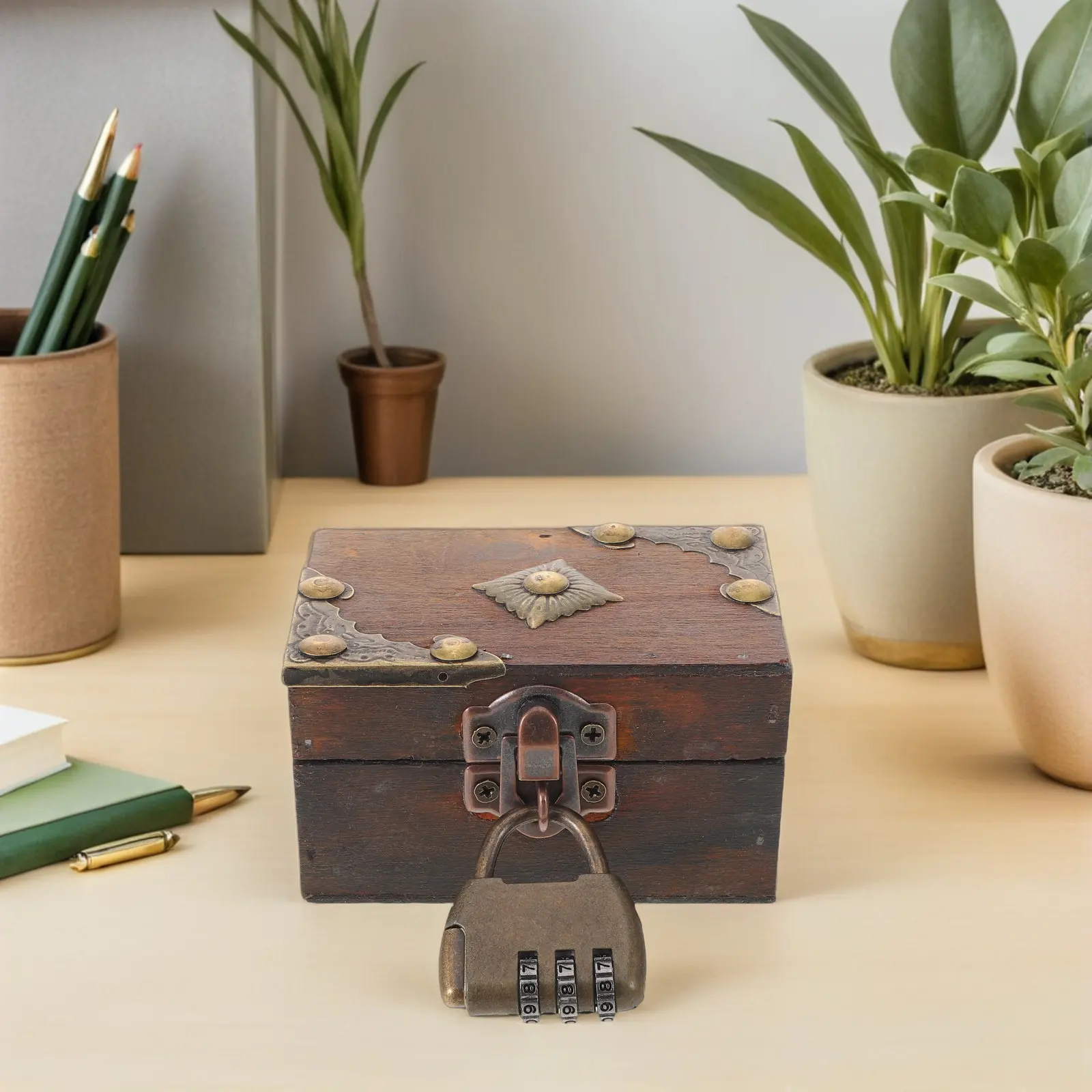 Vintage Wood Jewelry Box Lockable Solid Wood Keepsake Chest Desk Organizer Decorative Storage Box Rustic Retro Home Office