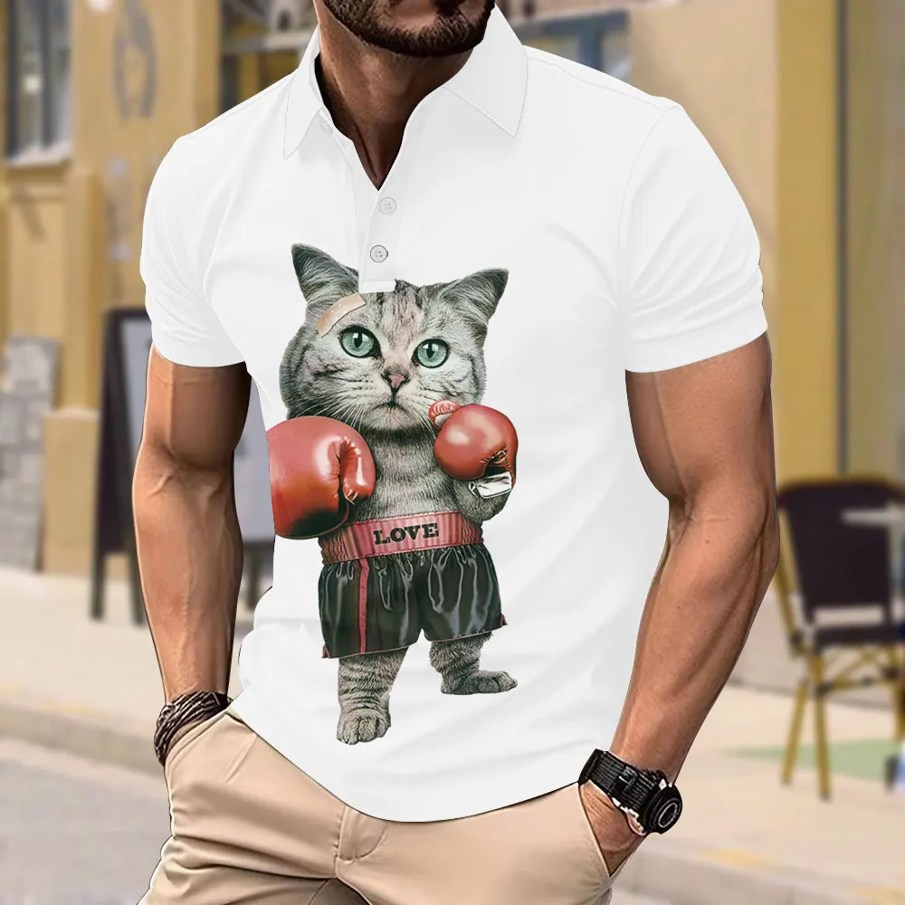 Men's Fashion Casual Short Sleeve Tees Fun Cartoon 3d Printed Short Sleeve Tops Street Loose Breathable Animal Button Polo Shirt