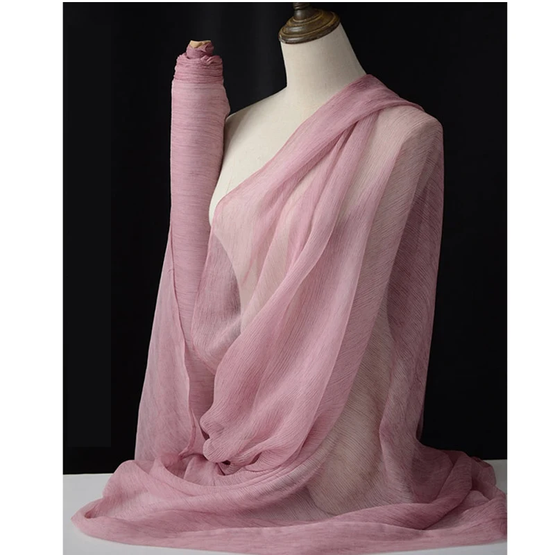 100% Mulberry Silk Creased Fabric Grass Dyeing Soft Fluffy Gauze 6M/M Width 115cm Georgette Cut By Meter