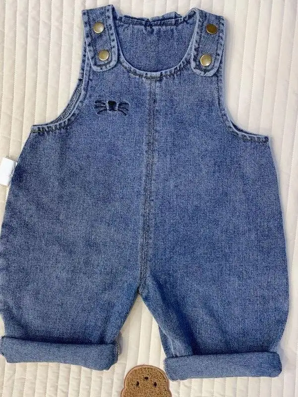 Children's Denim Overalls Spring Autumn 2025 Rabbit Ear Casual Long Pants Polyester Fiber 100% Fashionable Cute Style