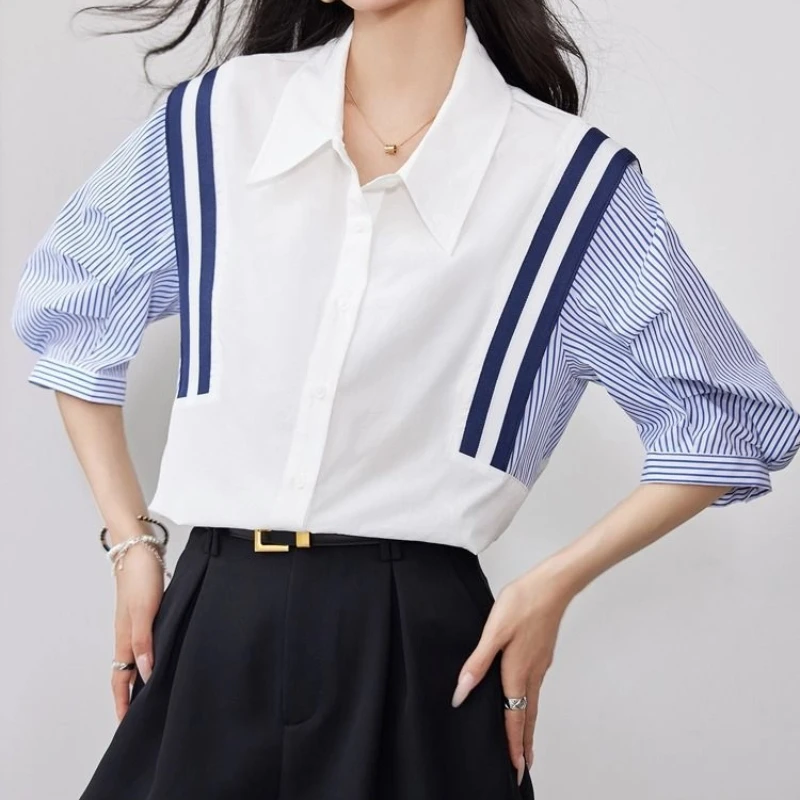 

Striped Contrast Patchwork Elegant Shirt Tops Summer Polo Neck Half Sleeve Loose Temperament Blouse Fashion Office Women Clothes