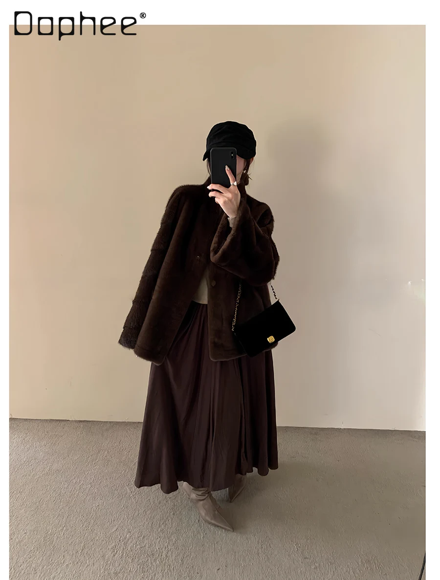 Abrigo de felpa de piel ecológico con cuello levantado elegante, abrigo de longitud media grueso de piel de oveja de imitación de tendencia coreana Ins para invierno