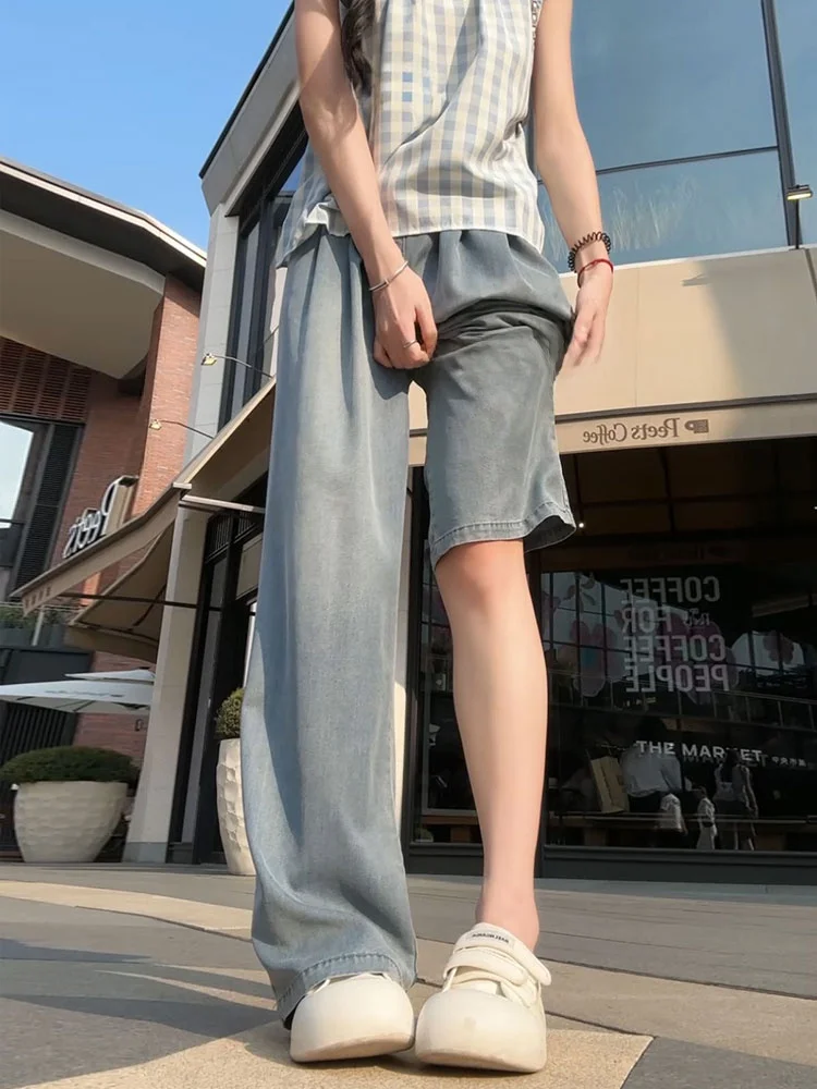 

Ice Silk Slim Fit Straight Leg Jeans High Waist Wide Leg Pants Summer Cool Feeling Thin Version Women's Denim Jeans