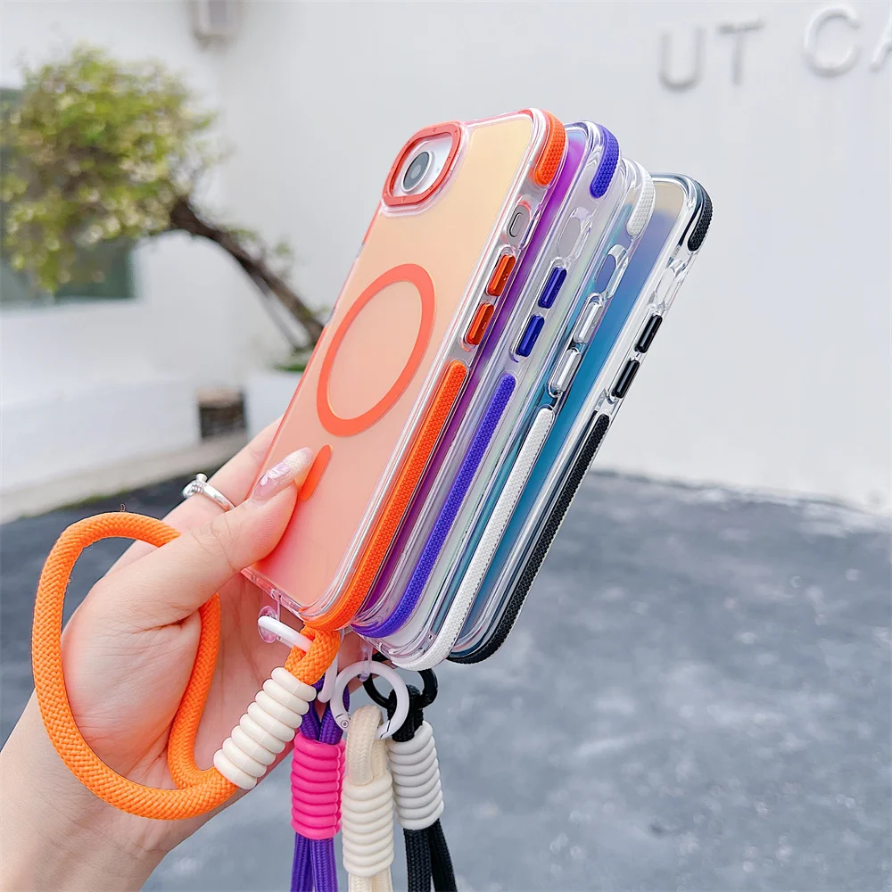 17Pro Laser Gradient for Magsafe Magnetic Case For iPhone 17 Air 11 12 13 14 15 16 Pro Max Plus 16e Fashion Lanyard Armor Cover