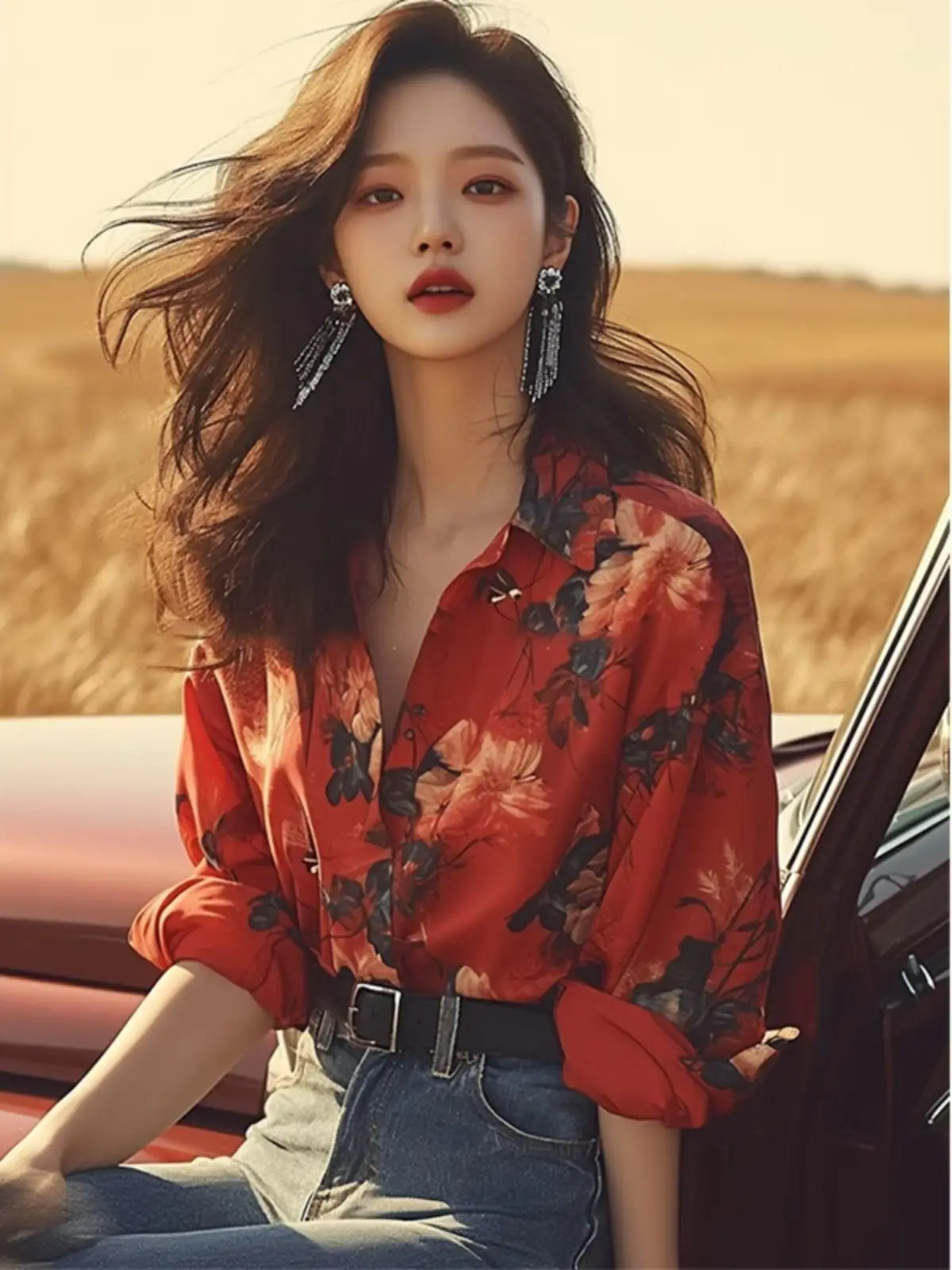 Popular Lightweight Lapel Long-sleeved Button Splicing Top 2024 New Women Autumn French Niche Design Red Printed Shirt