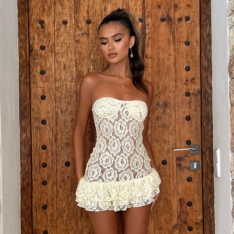 

White Lace Strapless Sexy Dress For Women 2023 Robes Elegant Evening Party Dress Bodycon Mini Summer Dress Vestidos