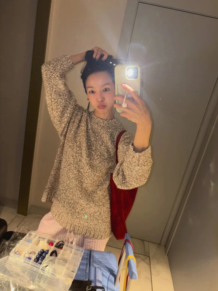 سترة فضفاضة طويلة Sve مستديرة للنساء كبيرة الحجم كسول الكتف قطرة الكتف علوية بوابة دونغدا صلصة الطفل مختلط الألوان