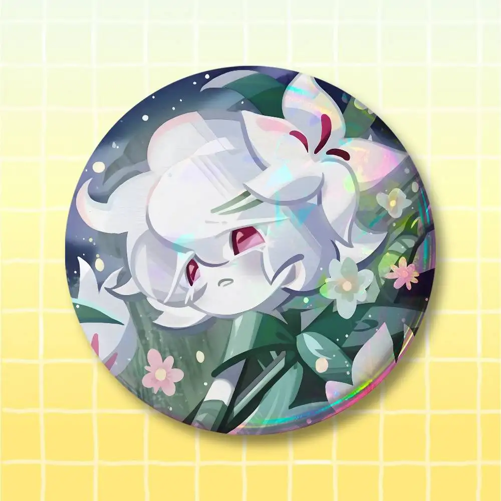 W-White Lily Cookie Game Button Supplies Round Badge Pins Clothes Decor Includes Metal Pin Back Cover, Metal Cover,Laser Film