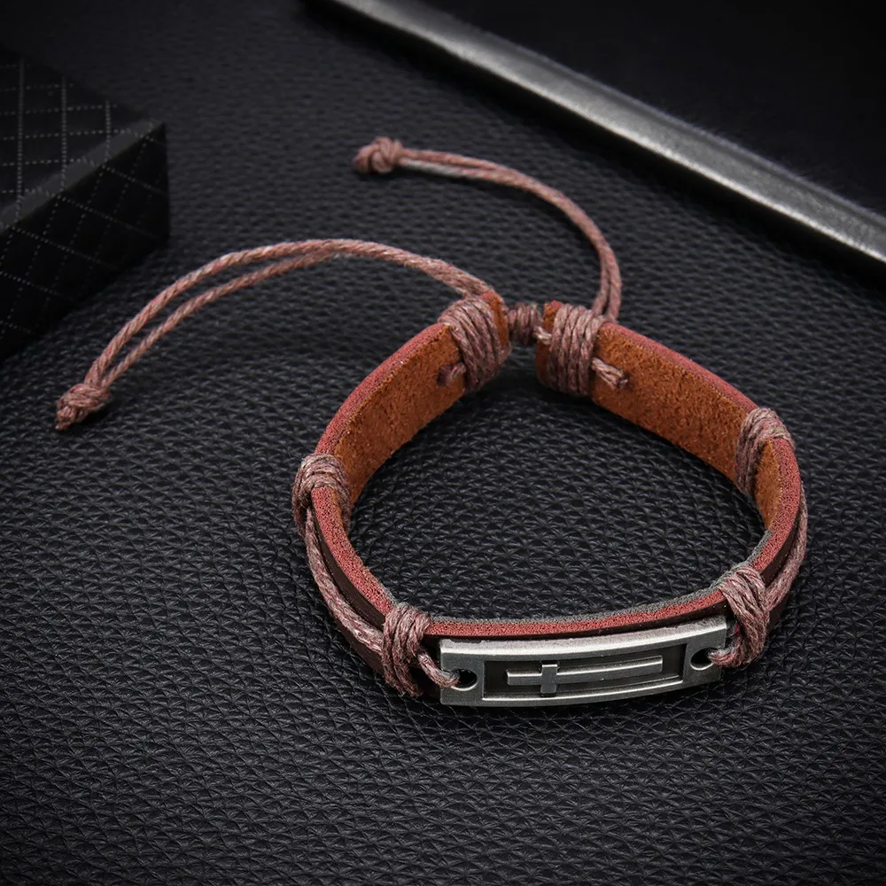 Woven Leather Wrapped Bracelet Men's Cross Leather Vintage Woven Drawstring Adjustable Bracelet Classic Fine Jewelry Gift