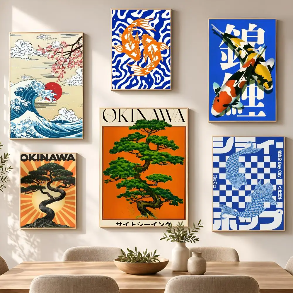 Art Retro Japanese OKINAWA Koi Fish Poster PP Self Adhesive Aesthetic Room Decor Bedroom Dorm Gaming Room Home Decoration Gift