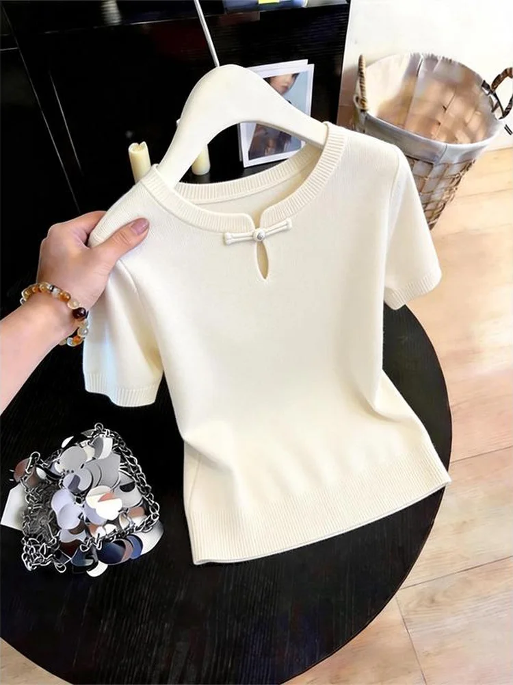 

Chinese Style Short Sleeve T-Shirt Women's Hollow out Embroidery Slimming Top Breathable Summer Knitted Fashionable Button up