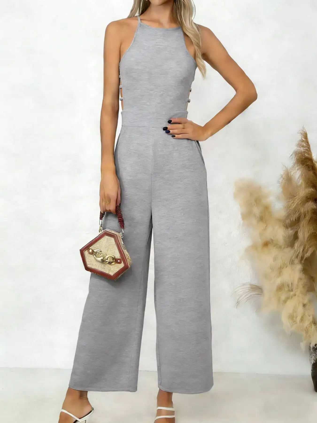 

Women's Grey Halter Jumpsuit Side Cutout Detail Sleeveless High Waist Wide Leg Spring Summer Casual Vacation Streetwear Jumpsuit