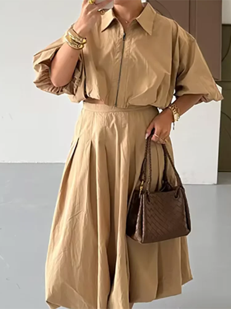 Setelan Kemeja Kerah Ritsleting & Rok Panjang Kasual Lengan Setengah Polos 2 Potong Pakaian Wanita Elegan Rok A-Line Pinggang Tinggi