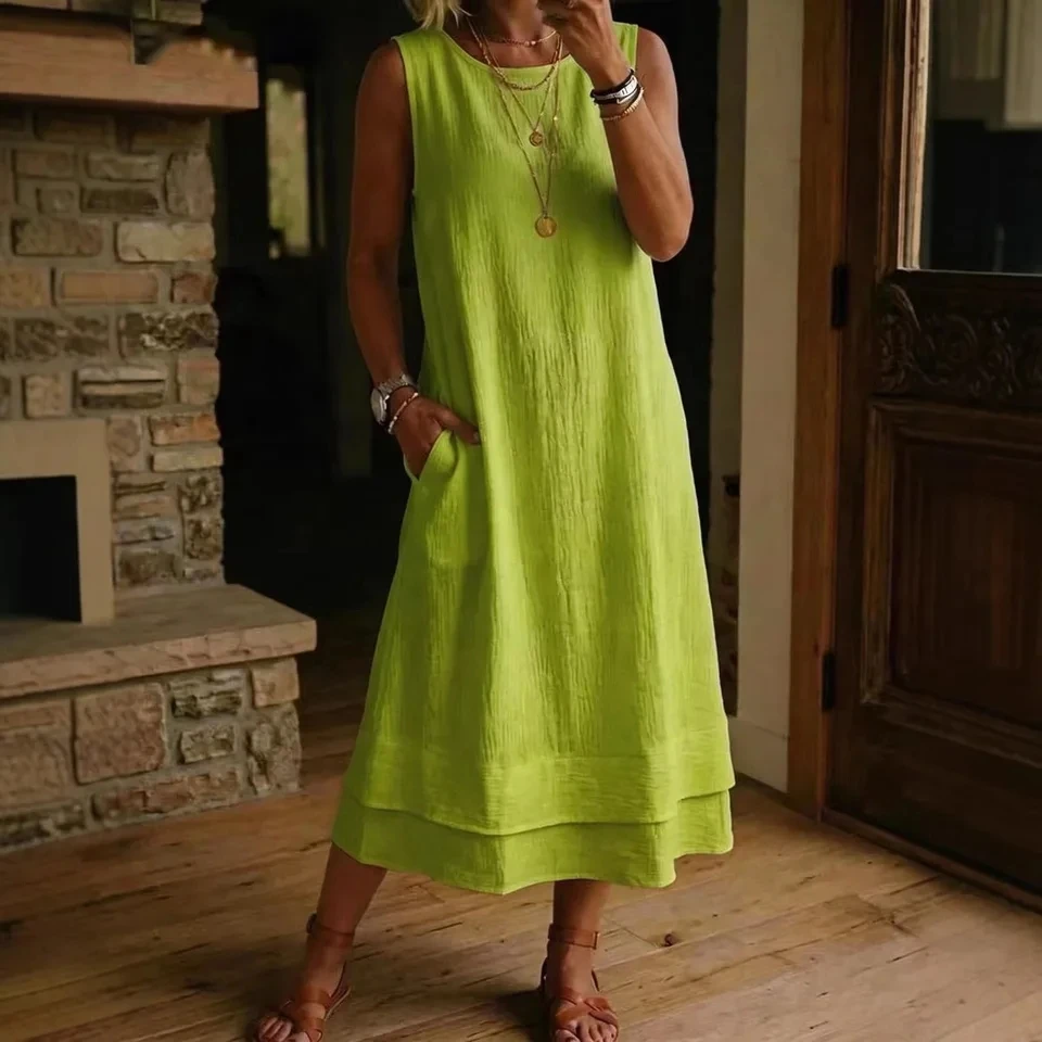

2026 New Womens Summer Fashion Casual Round Neck Sleeveless Midi Dress Temperament Versatile