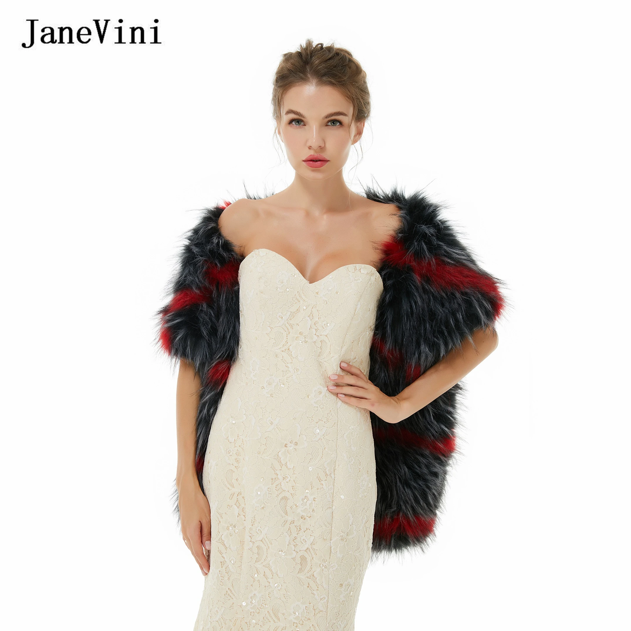 JaneVini moda Faux Fur Wedding szal Wrap Winter Warm kobiety Cape Bolero gruba panna młoda kurtka płaszcz odzież wierzchnia akcesoria dla nowożeńców