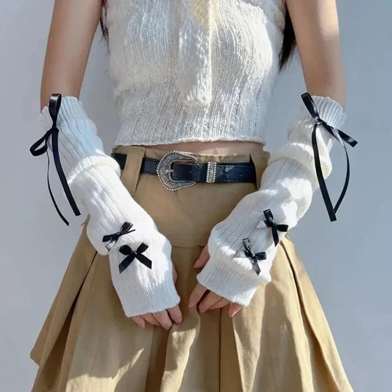 أنثى Y2K موضة الشرير مدفئات للذراع Bowknot لينة قفازات محبوكة النساء فتاة نصف اصبع القفازات بلون رشاقته أكمام أذرع تبريد