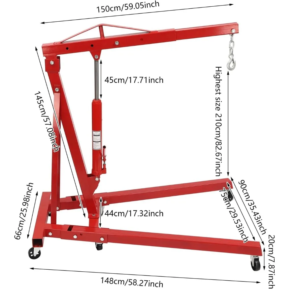 2-Tonnen roter zusammenklappbarer Motortakel, robuster hydraulischer Ladenkran mit 6 Rollenrädern, einstellbare 0,5-2T-Kapazität für Autoreparaturen