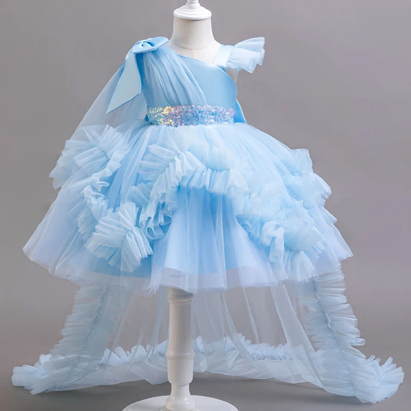 Children's performance evening party 0-10Y dress New girls' yellow dress party slanted shoulder fluffy trailing dress