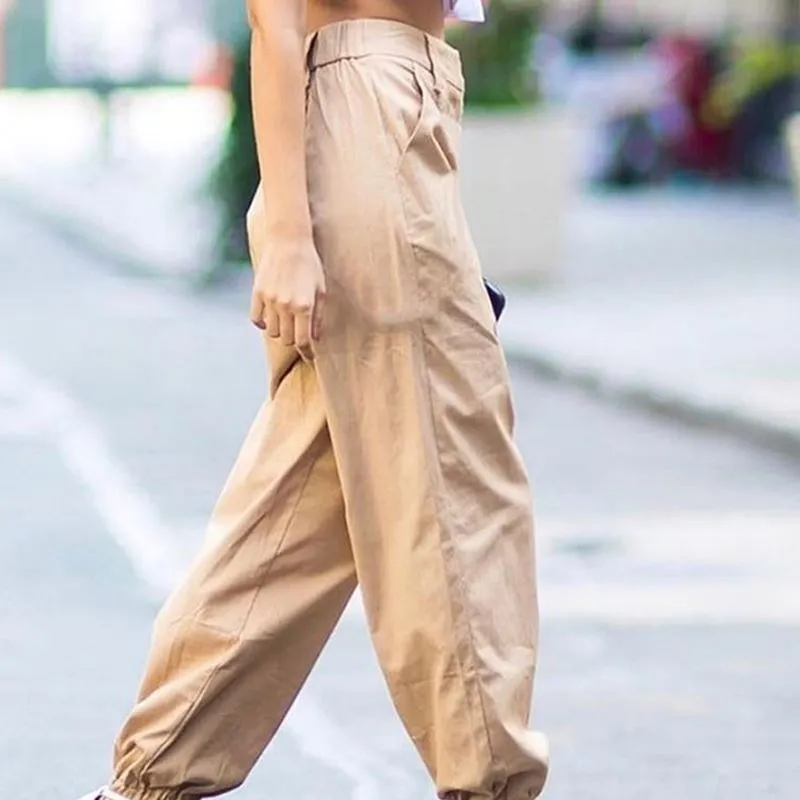 トレンディな女性のカジュアルハルウンパンツローウエスト綿混紡生地若々しい女性のスリングロングパンツ多用途秋のウェア