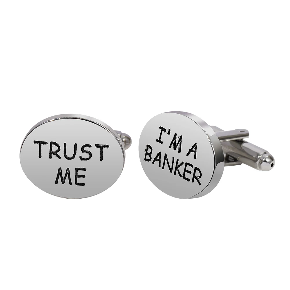 2 Pcs Trust Me I'm A Banker Oval Cufflinks Letter Cuff Links For Business Mens Tuxedo Shirts Sleeve Button Wholesale Party Gift