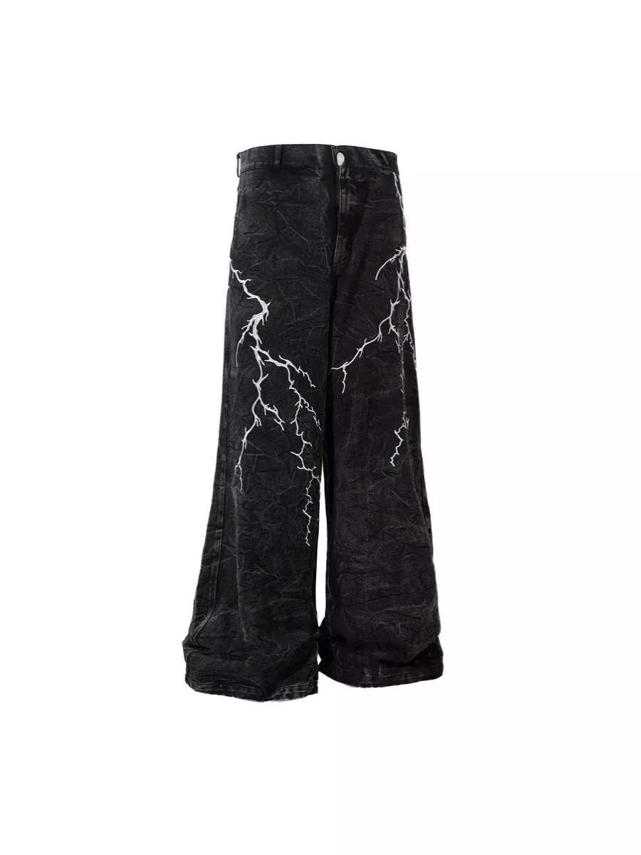 Amerikaanse retro straat geborduurde bliksem losse jeans heren dames hiphop klein ontwerp broek met rechte pijpen casual denim jeans