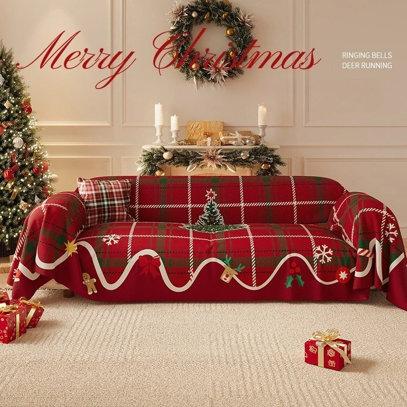 Chenille Sofa Cover Towel,Christmas Sleigh Forest Pattern Sofa Slipcover Protector for Bedroom Office Living Room HomeDecor