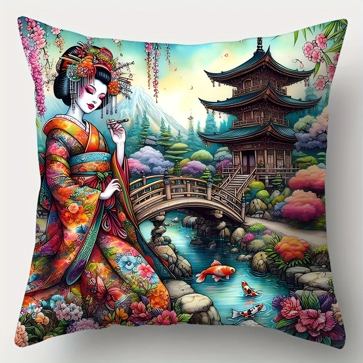 4 Japanese Ukiyo-e style print cushion covers, suitable for home decoration on living room sofas, insert not included