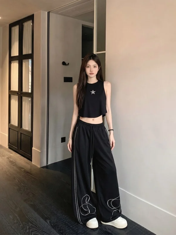 

American Street Short Vest Set Women Summer Lines Wide Leg Pants Loose Slimming Casual Sports Pants Two Piece Set