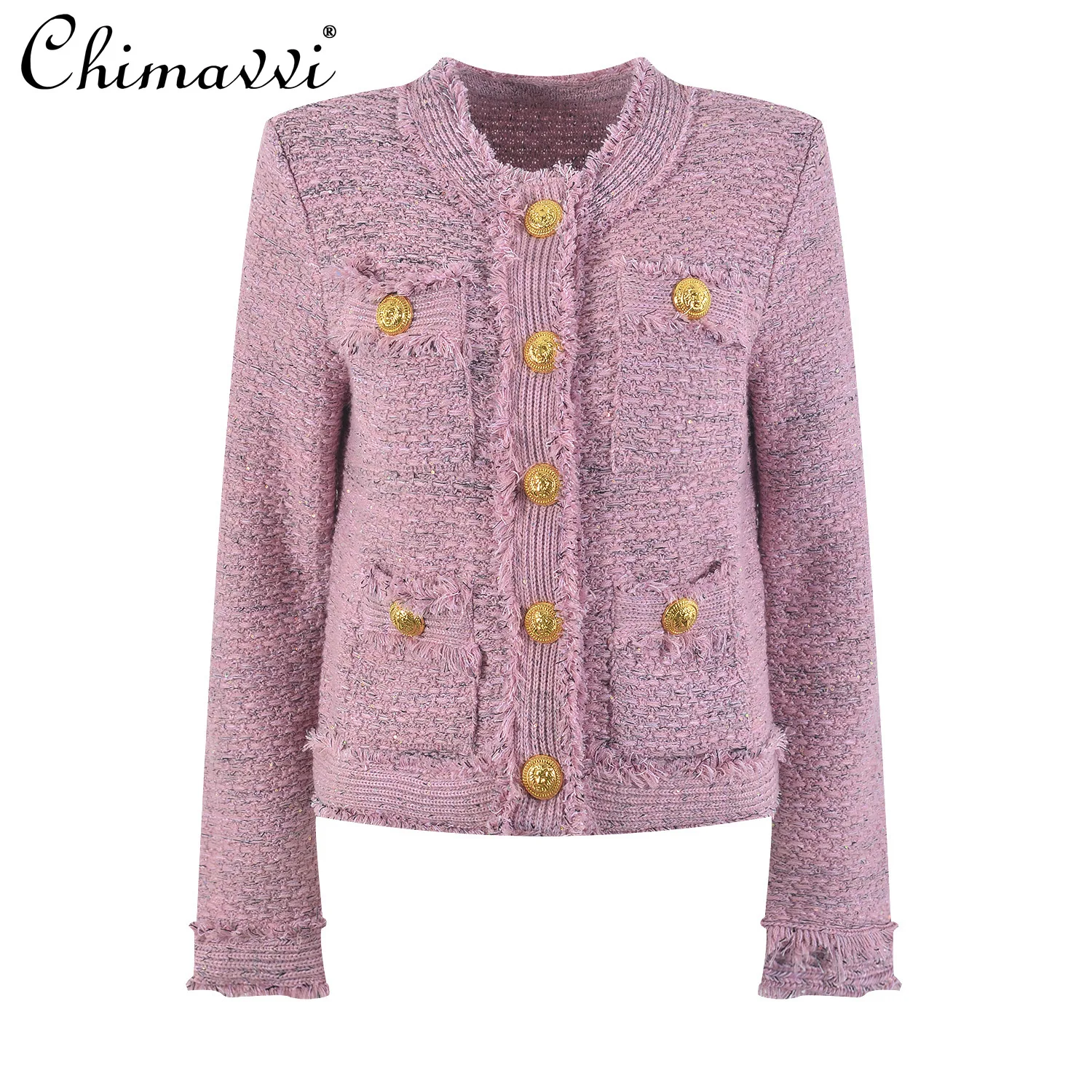 

French Socialite Tweed Short Coat for Women Autumn New Fashion Metal Buckle Long Sleeve Casual Elegant Jackets Women's Clothes