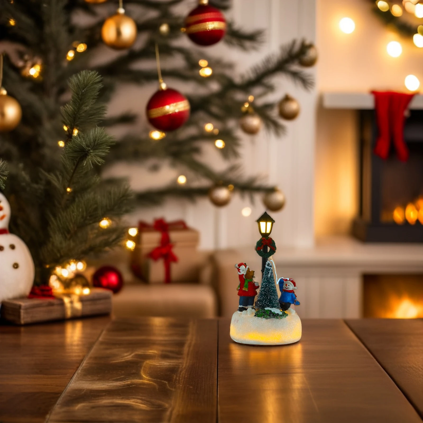 

Christmas Table Centerpieces Resin Snowman LED Light Up Streetlights Operated Glowing Lamppost Desk Ornaments Holiday