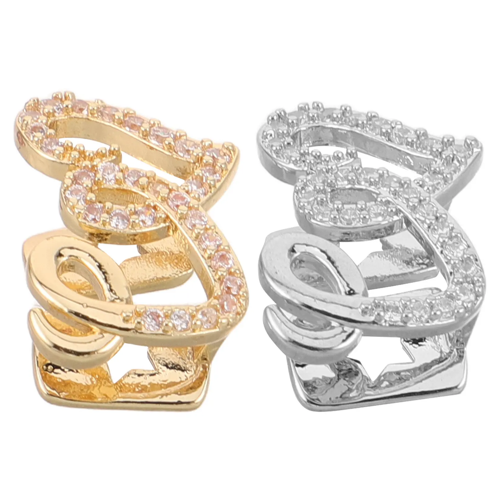 2Pcs Double Heart Copper Teeth Grill Hip Hop Style Cubic Charm Tooth Jewelry for Party Cosplay Decorative Mouth Grill