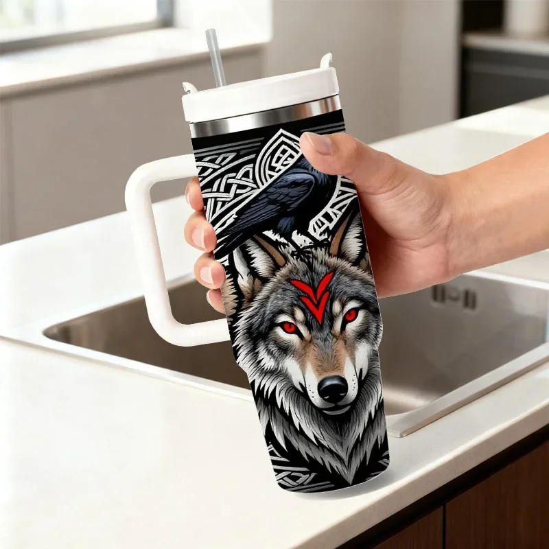 Stainless Steel 40Oz Insulated Tumbler, Bold Mythical Design of Red-Eyed Wolves with Celtic Knot Border And Perched Raven, Stylish Digitally Printed Drinkware for Daily Sips, Outdoor Trips And Office Use