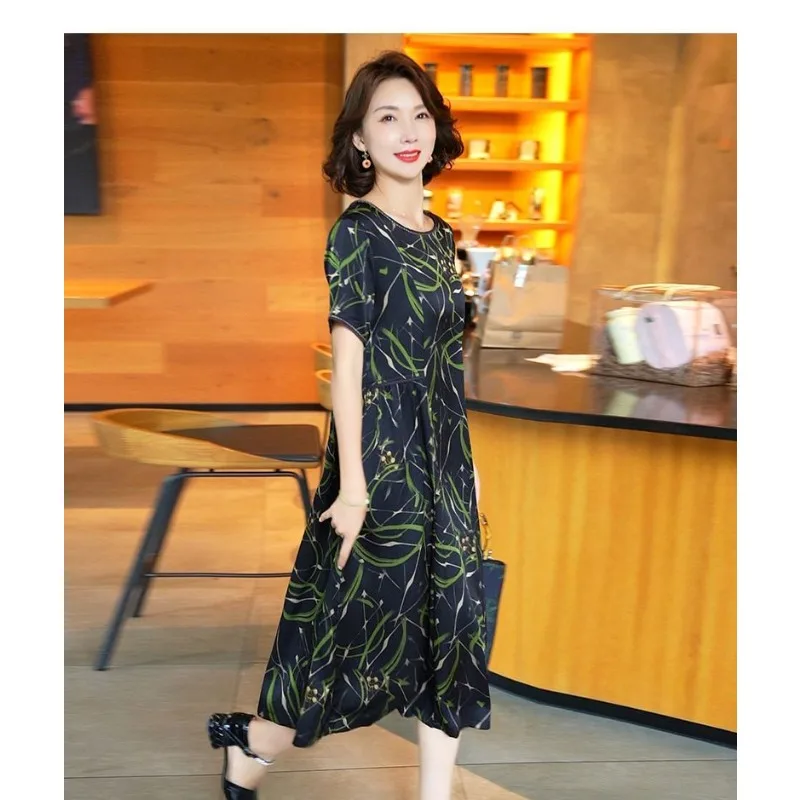 

Элегантное женское шелковое платье с V-образным вырезом и коротким рукавом, свободного кроя, миди, из тутового шелка, для женщин среднего возраста, повседневное, на каждый день