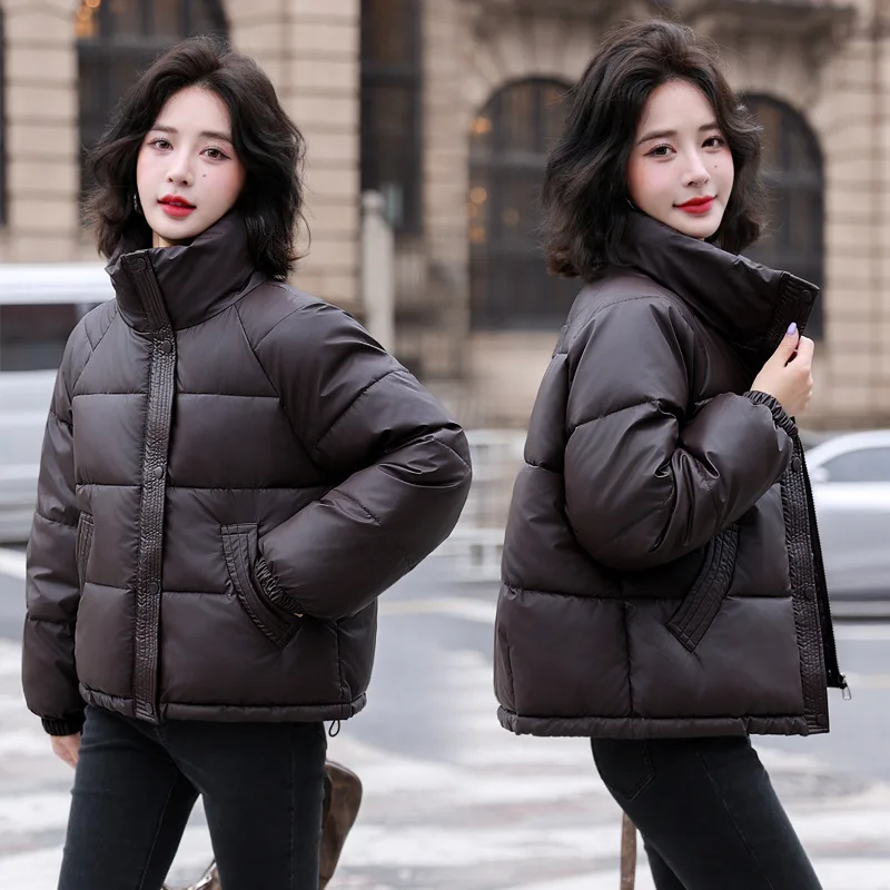 Autumn/Winter Jacket Korean Short Down Cotton Jacket Retro Imitation PU Leather Cotton Jacket Winter Bread Coat Female Outerwear