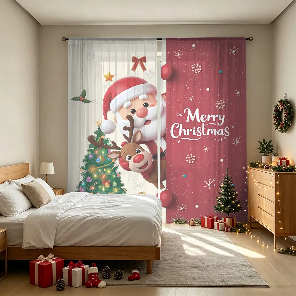 2pcs Santa And Reindeer Tree Print Rod Pocket Curtains Double Sided For Living Room Bedroom Xmas Holiday Decor Privacy Protec