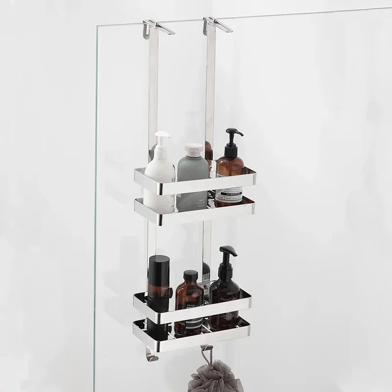 304 Stainless Steel Hanging Rack without Hole Bathroom Shelf Double Hanging Basket Door Rear Storage Shower Room