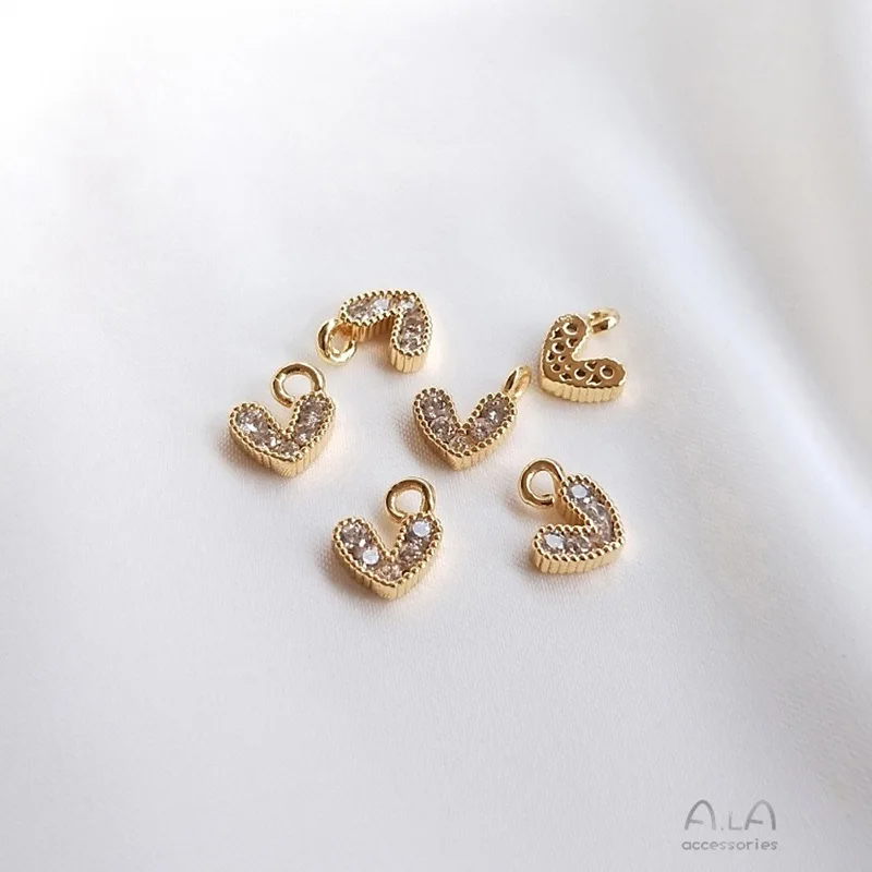 14K Gold Color Retention Tiny Heart Pendant Inlaid with Colored Zircons, DIY Handmade Bracelet Jewelry Accessories