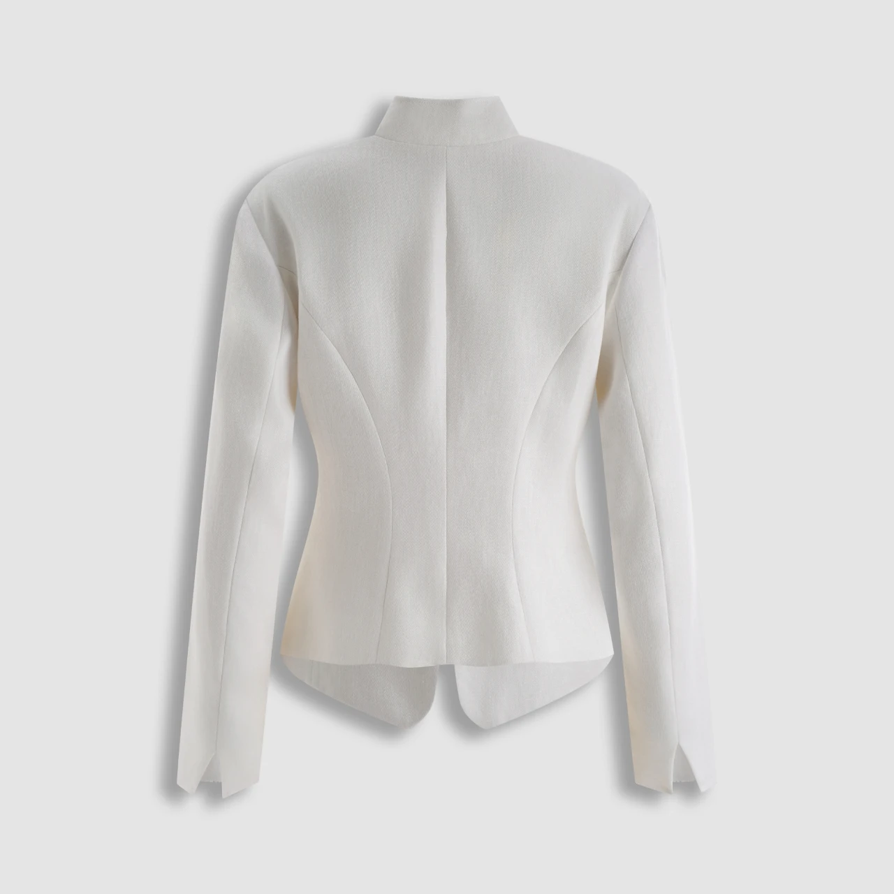 2026 Tailored Linen Waist-Cinching Jacket – White Long Sleeve Stand Collar Blazer with Curved Hem & Minimalist Button Front