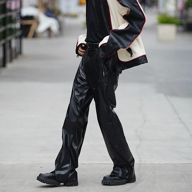 Autumn Winter Men's Leather Motorcycle Pants Black Punk PU Pants Men Women Straight Mopping Trousers Streetwear Waterproof