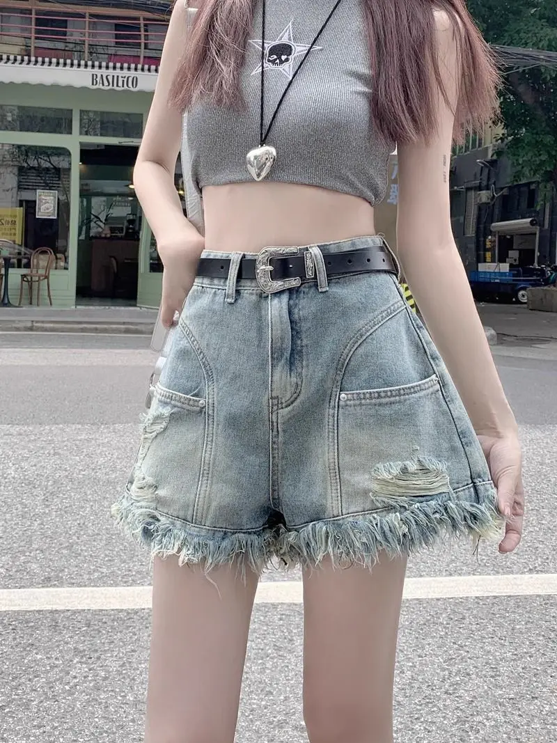 Women Vintage Tassels Denim Shorts Button Loose High Waist A-line Jean Shorts Casual Women Office Trousers Streetwear
