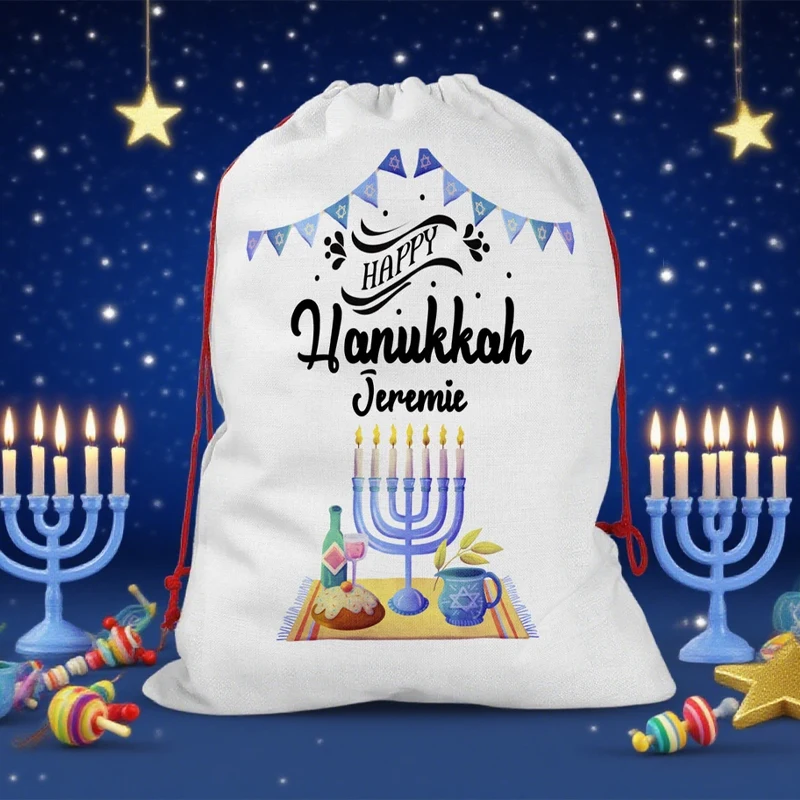 

Personalized Name Happy Hanukkah Gift Bag Custom Chanukah Jewish Holiday Party Home Decoration Family Kid Boy Girl Present Sack
